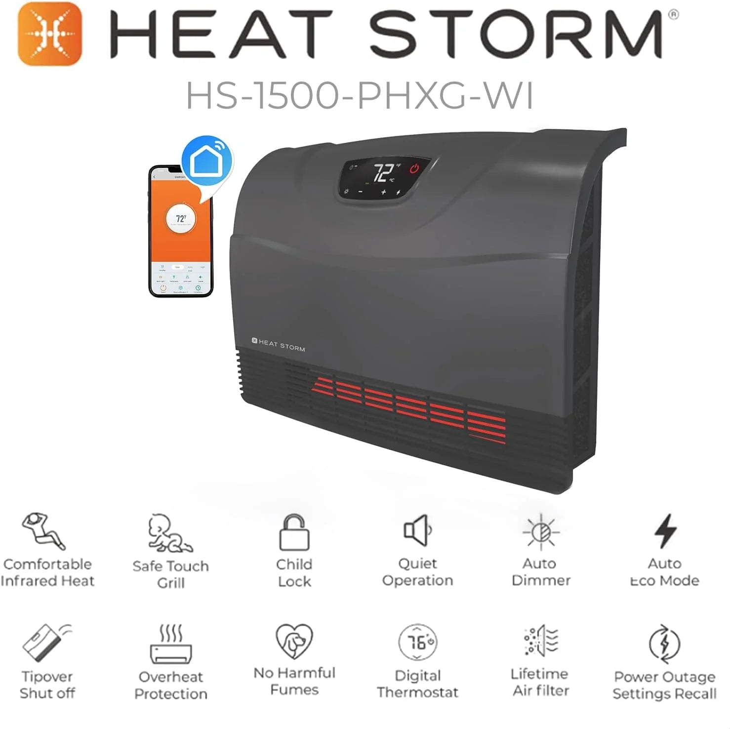 Heat Storm HS-1500-PHX-WIFI Infrared Heater, Wifi Wall Mounted