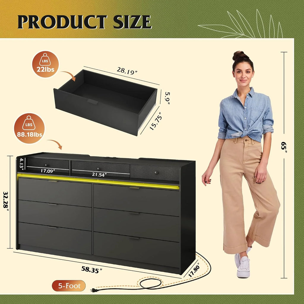 9 Drawer Led Dresser for Bedroom, 58.35'' Wide Wood Dresser Storage Organizer with Power Outlets for 65'' TV, Dressers with Open Shelves