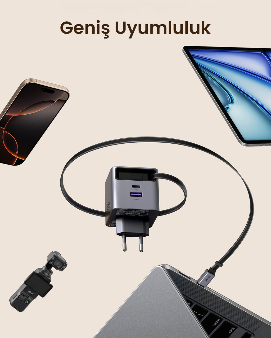 UGREEN Nexode Pro 65W 3 Port Şarj Cihazı (Geri Çekilebilir Kablolu)