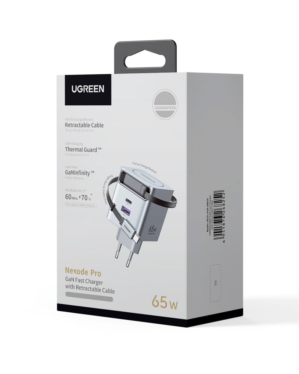 UGREEN Nexode Pro 65W 3 Port Şarj Cihazı (Geri Çekilebilir Kablolu)