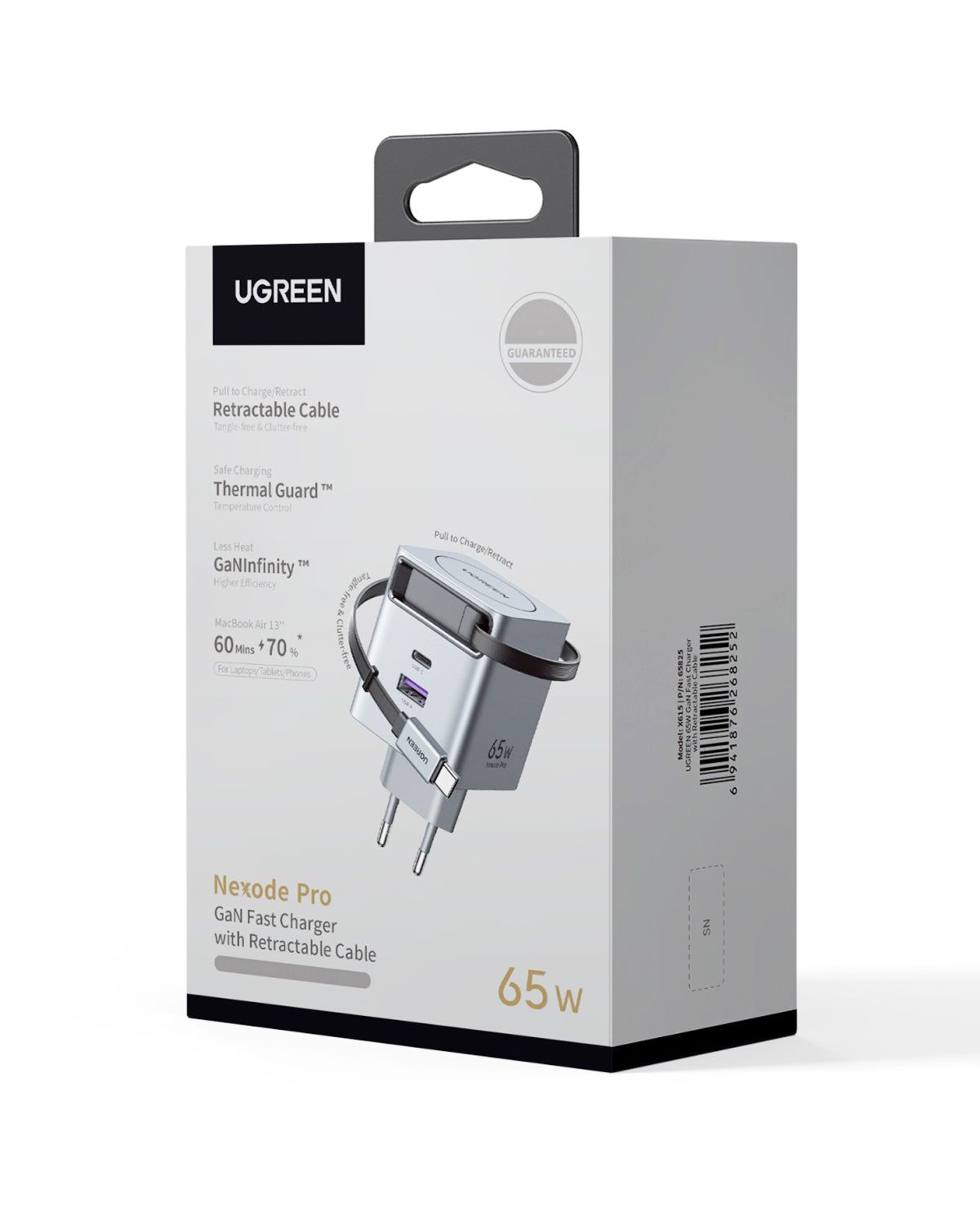 UGREEN Nexode Pro 65W 3 Port Şarj Cihazı (Geri Çekilebilir Kablolu)
