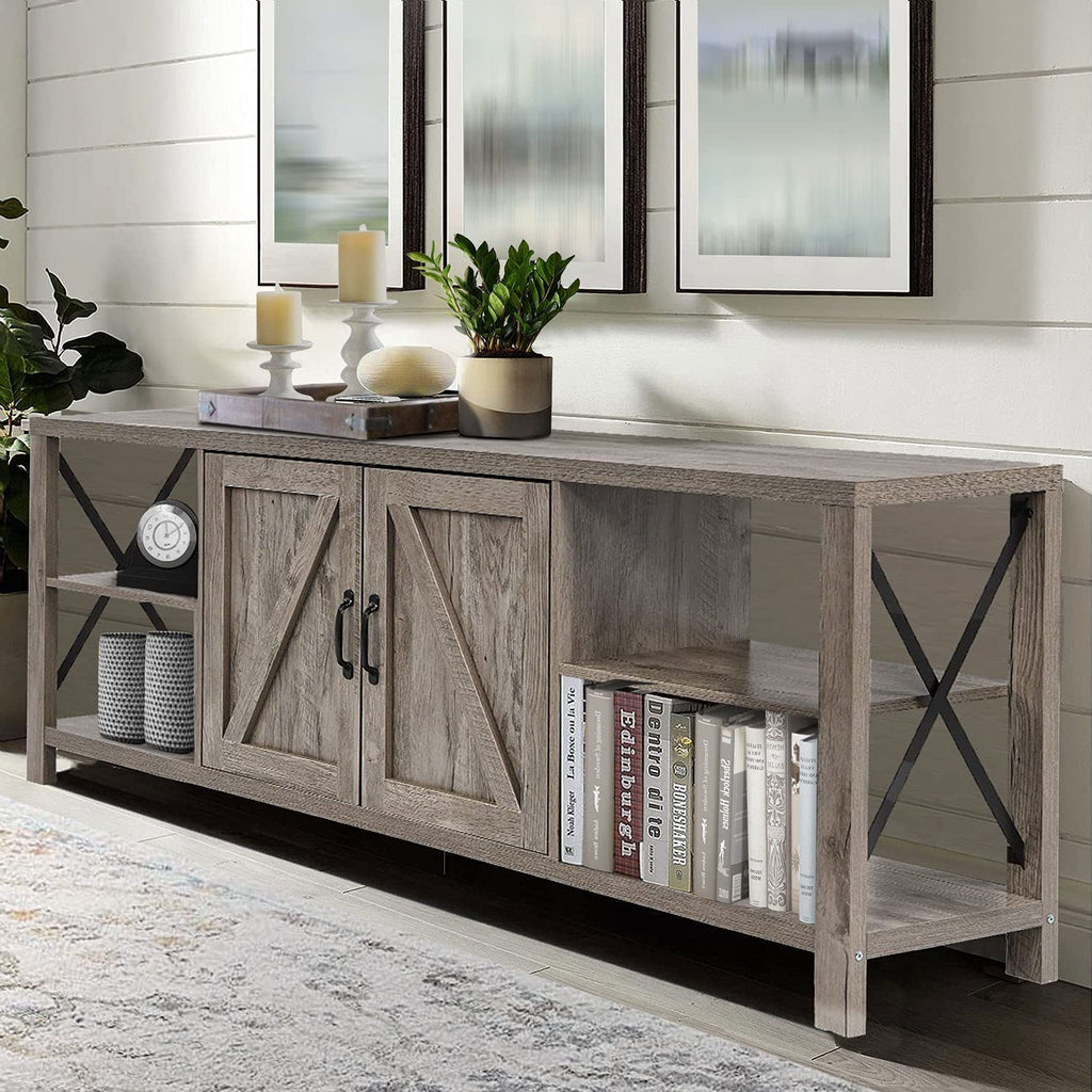 70 Inch TV Stand for 75 Inch TV Entertainment Center Farmhouse, Modern Barn Door TV Console Table with Storage Cabinets and Shelves for TVs Up to 75, Rustic Gray Wash