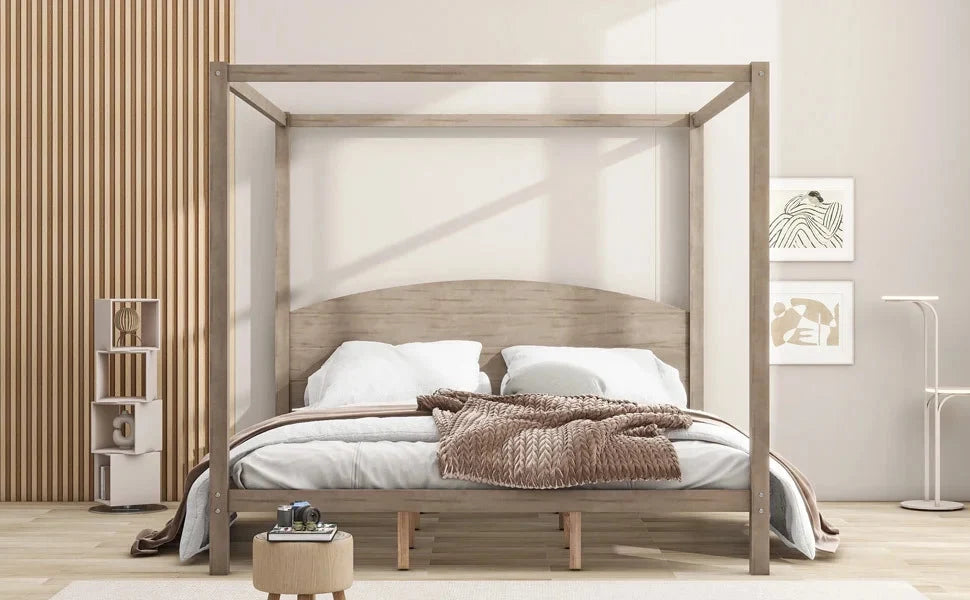 Upgrade your regal bedroom with this elegant and luxurious brown wash canopy platform king size bed. Featuring sturdy support legs and a stylish headboard this bed is the perfect additio