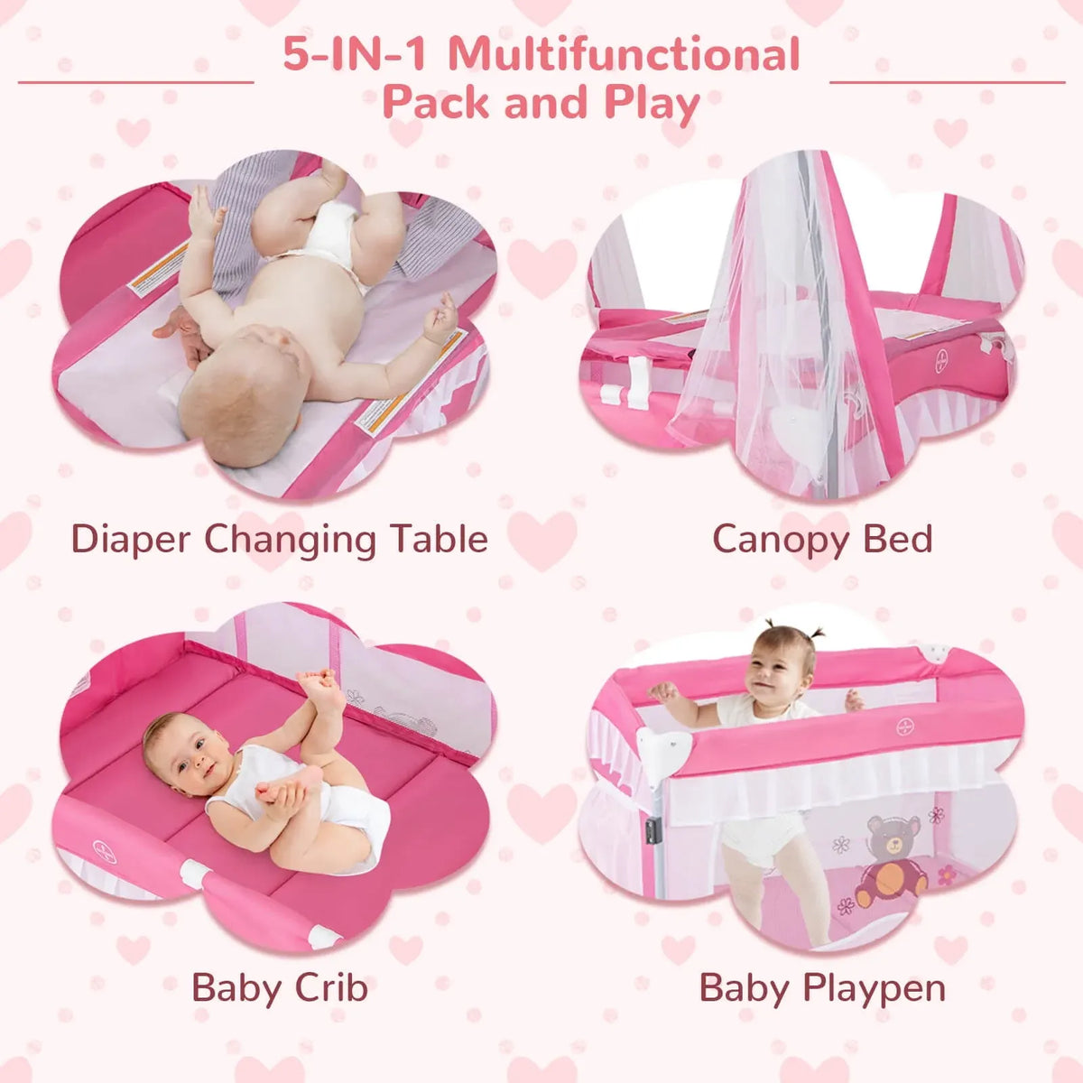 Costway Baby Playard Crib Bed 4 in 1 Portable with Changing Table Canopy Music Box Pink