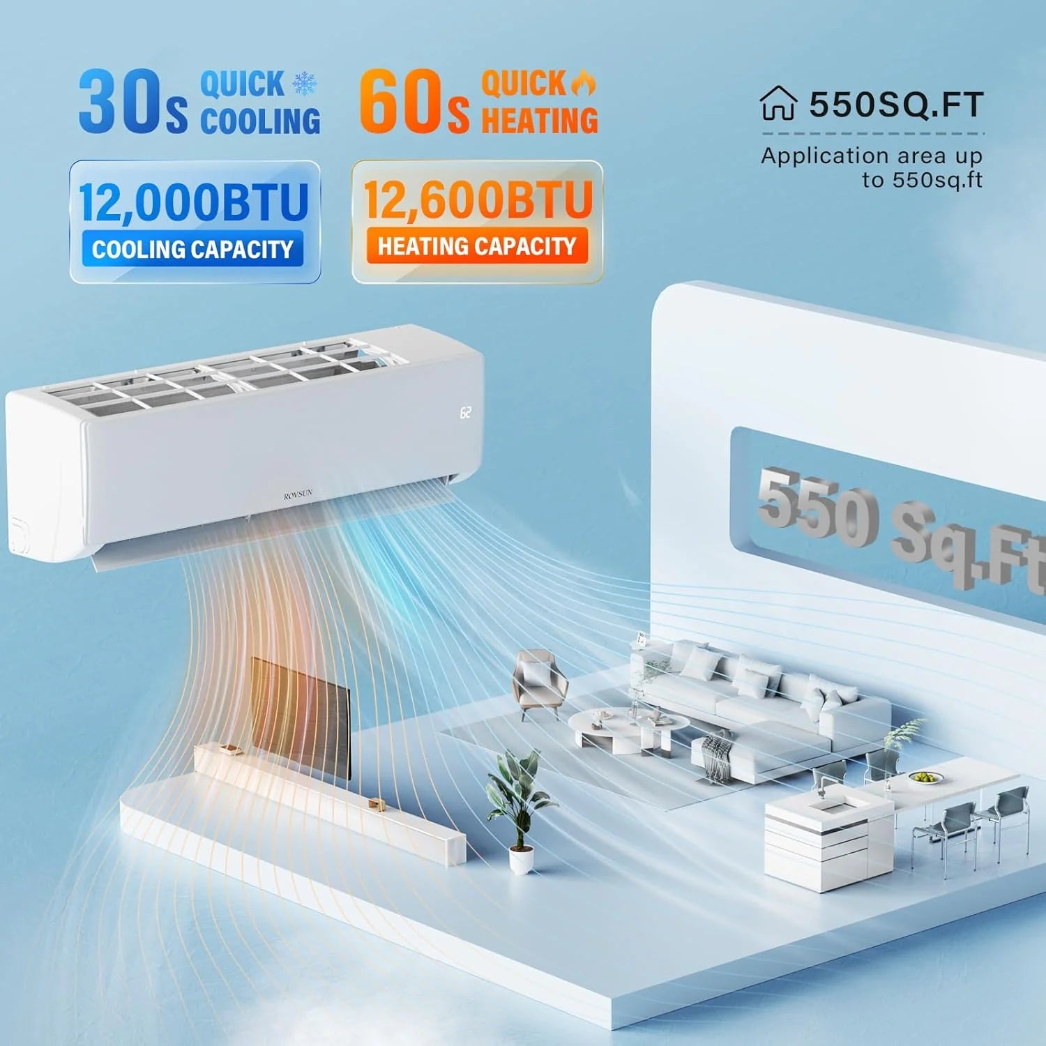 ROVSUN 9000 BTU Wifi Enabled Mini Split Air Conditioner & Heater with Inverter, 19 SEER2 Energy Saving 115V Ductless Split AC Unit with Pre-Charged Condenser, Heat Pump & Installation Kit