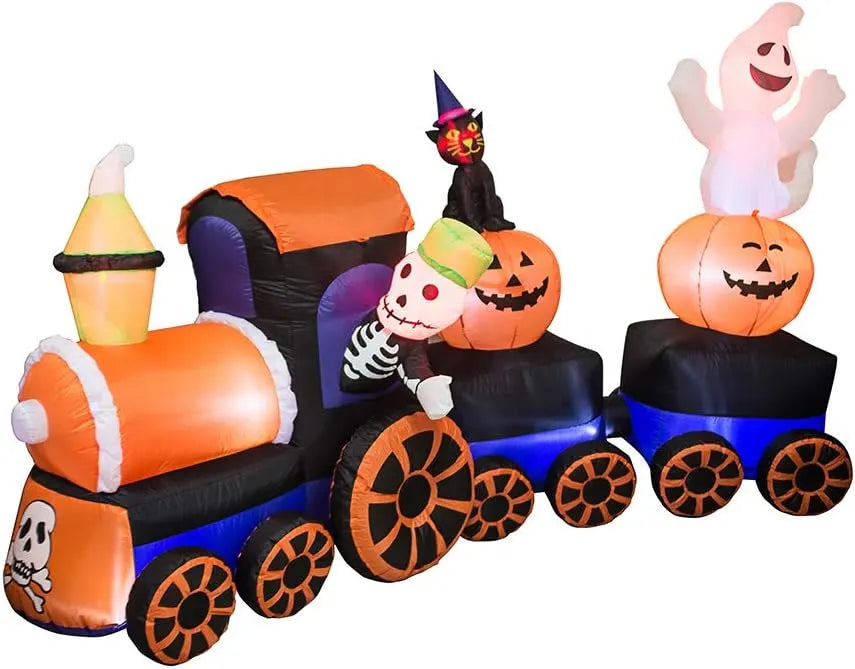 9 Feet Halloween Inflatable Train with Kittens White Ghosts/Pumpkin with LED Lights Blow up Lighted Yard Decor Giant Lawn Halloween Inflatable Home Garden Party Favor Decoration