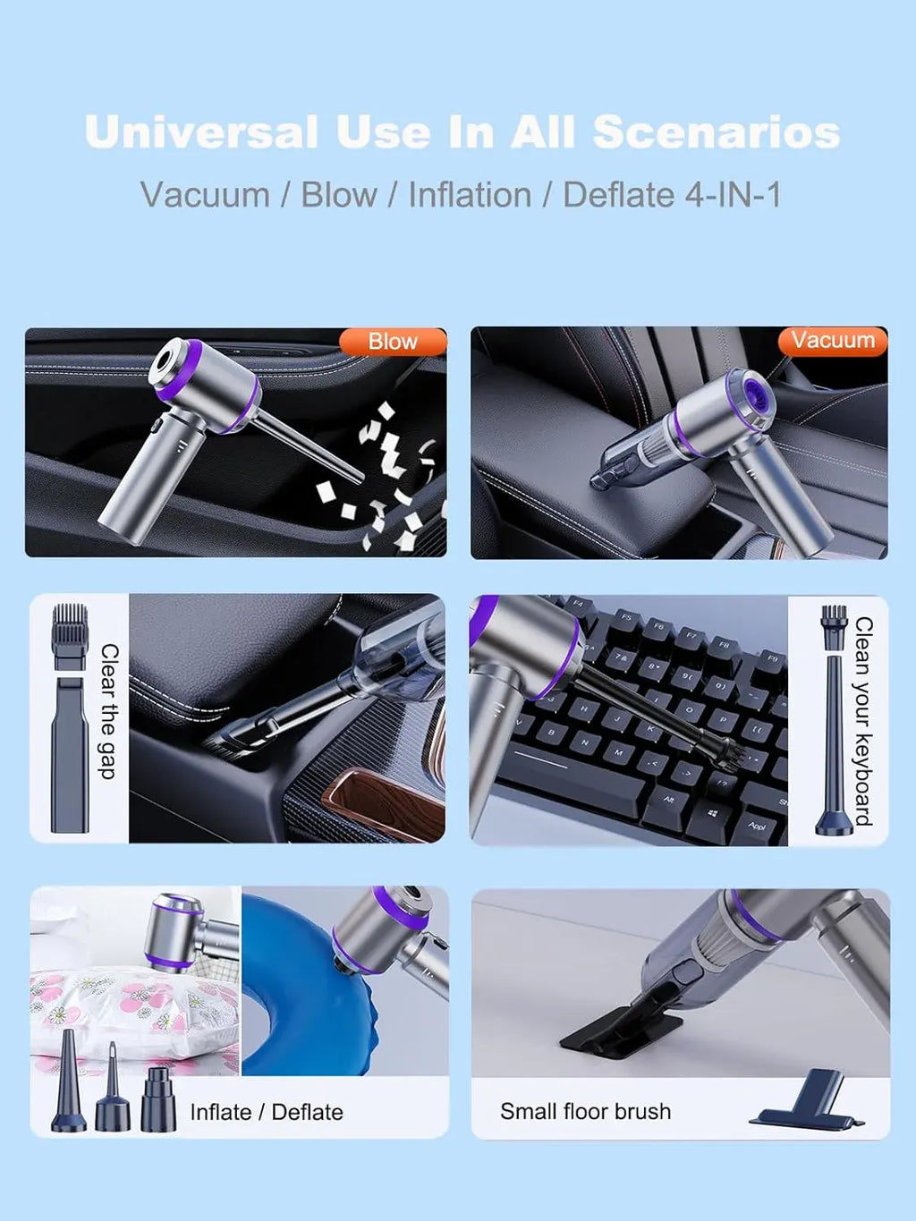 Vacuum/Air Duster 80,000RPM Super Power Mini Car Vacuum Cleaner 4-in-1 air Blower Gun Air Duster & Air Blower & Pump Hand Electric air Duster Handheld dust Blower Blower Cordless (Purple)