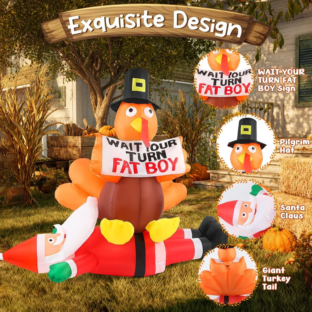 5FT Thanksgiving Turkey Inflatable Outdoor Decorations, Blow Up Turkey Sitting on Santa Claus with Sign, Built-in LED Lights Holiday DÃ©cor for Outside Lawn Garden Home Indoor