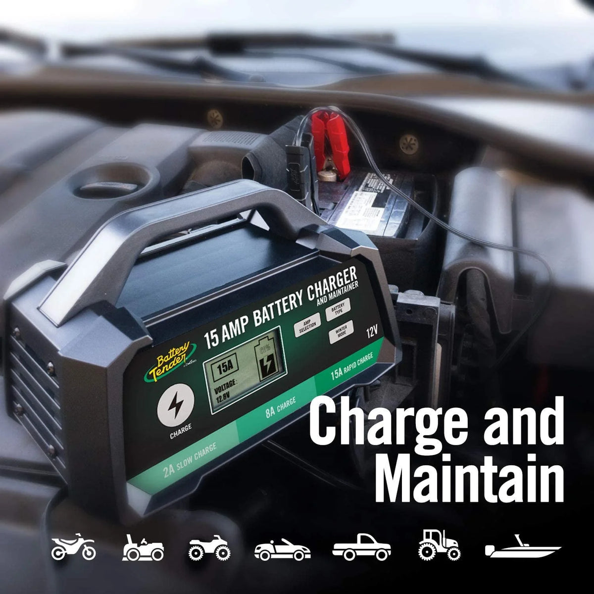 Battery Tender 15 AMP Battery Charger and Maintainer - 12V Switchable 15 AMP / 8 AMP / 2 AMP - Selectable Chemistry Standard AGM Gel - LCD Display - 022-0234-DL-WH