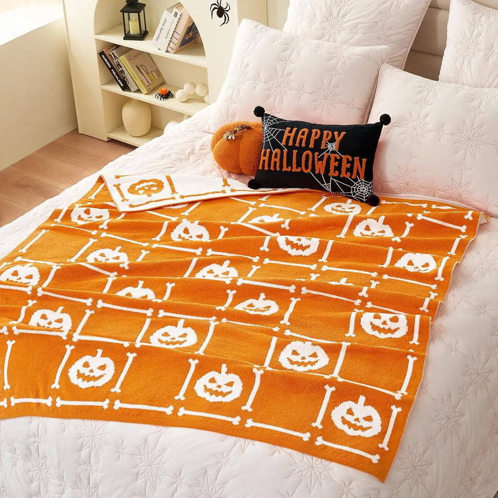 AmÃ©lie Home Halloween Throw Blanket for Couch, Reversible Pattern Pumpkin Skull Themed, Chenille Knit Stitch Pattern Soft Cozy for Bed Home Decor, 50 x 60, Pumpkin Skeleton Checkerboard