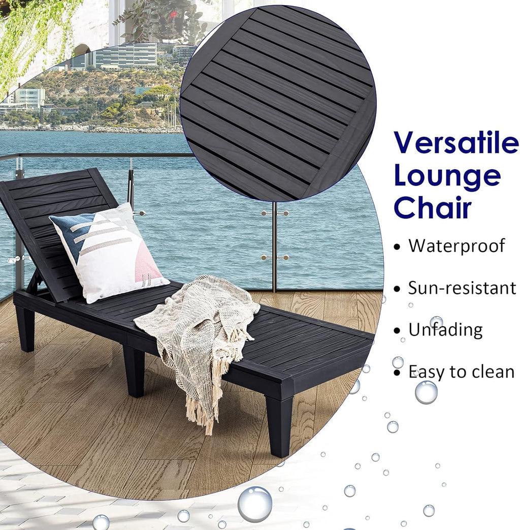Outdoor Chaise Lounge Chair, Lightweight Patio Lounge Recliner Chair with Adjustable Backrest, 5 Reclining Positions Chaise Lounger for Patio, Beach, Balcony, Poolside, Backyard (1, Black)