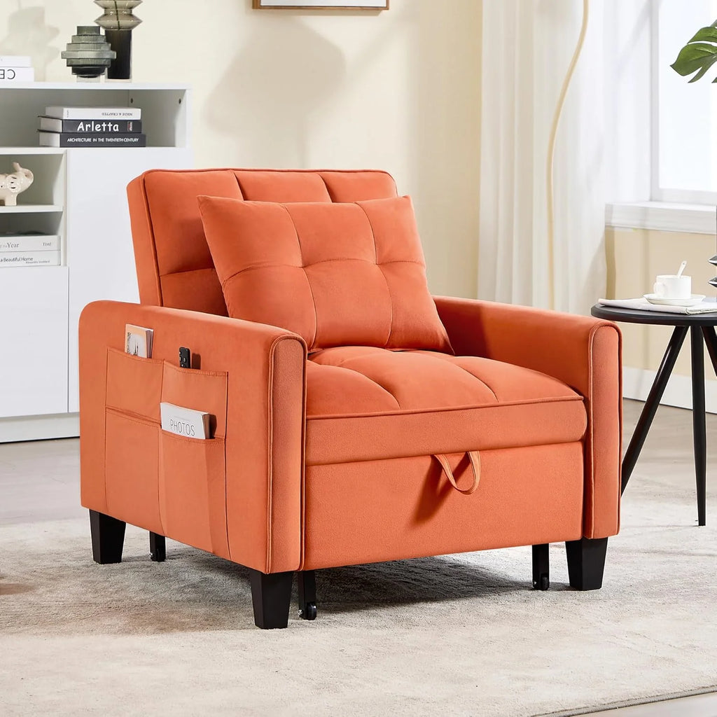 Convertible Sleeper Chair, 3 in 1 Sleeper Chair Bed Pull Out Sofa Bed Chairs, Velvet Single Sofa with Adjustable Backrest