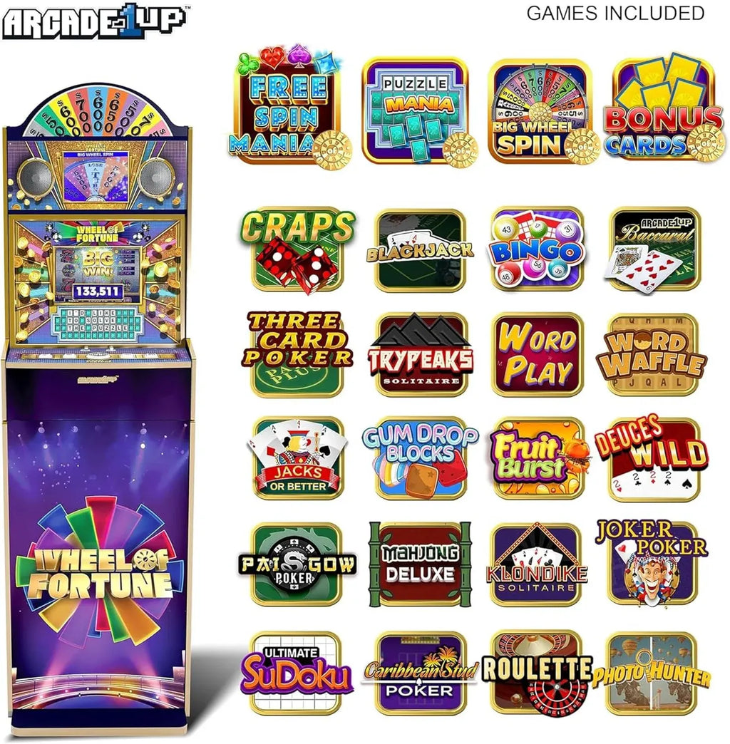 Arcade1Up Wheel of Fortune Casinocade Deluxe Home Arcade Machine, 63.4-Inch Tall - 4 Premium Casino Games, 20 Unlockable Built-In Titles, Dual LCD Screens & Speakers, WiFi-Enabled