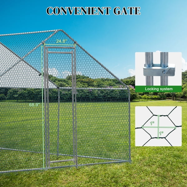 Al Fresco Large Metal Chicken Coop, Walkin Poultry Cage for Yard with Waterproof Cover, Peaked Roof for Hen House, Duck and Rabbit, Silver, 10 x 10 ft