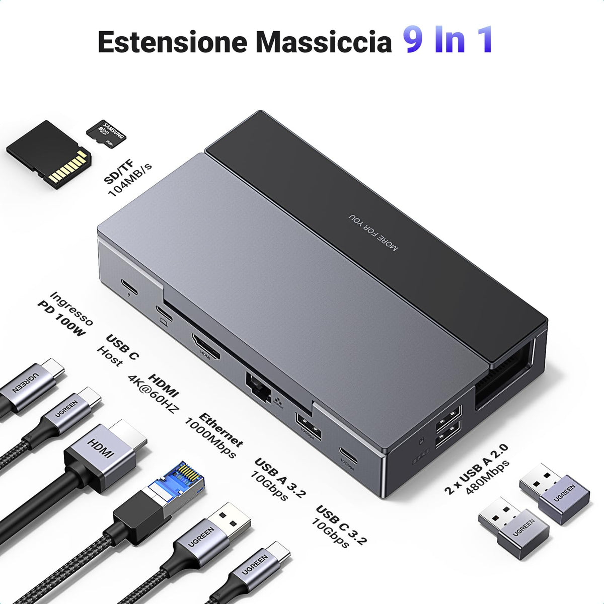 UGREEN Hub USB C HDMI 4K 60Hz Dock Steam Deck ROG Ally Adattatore Type C 3.2 10Gbps
