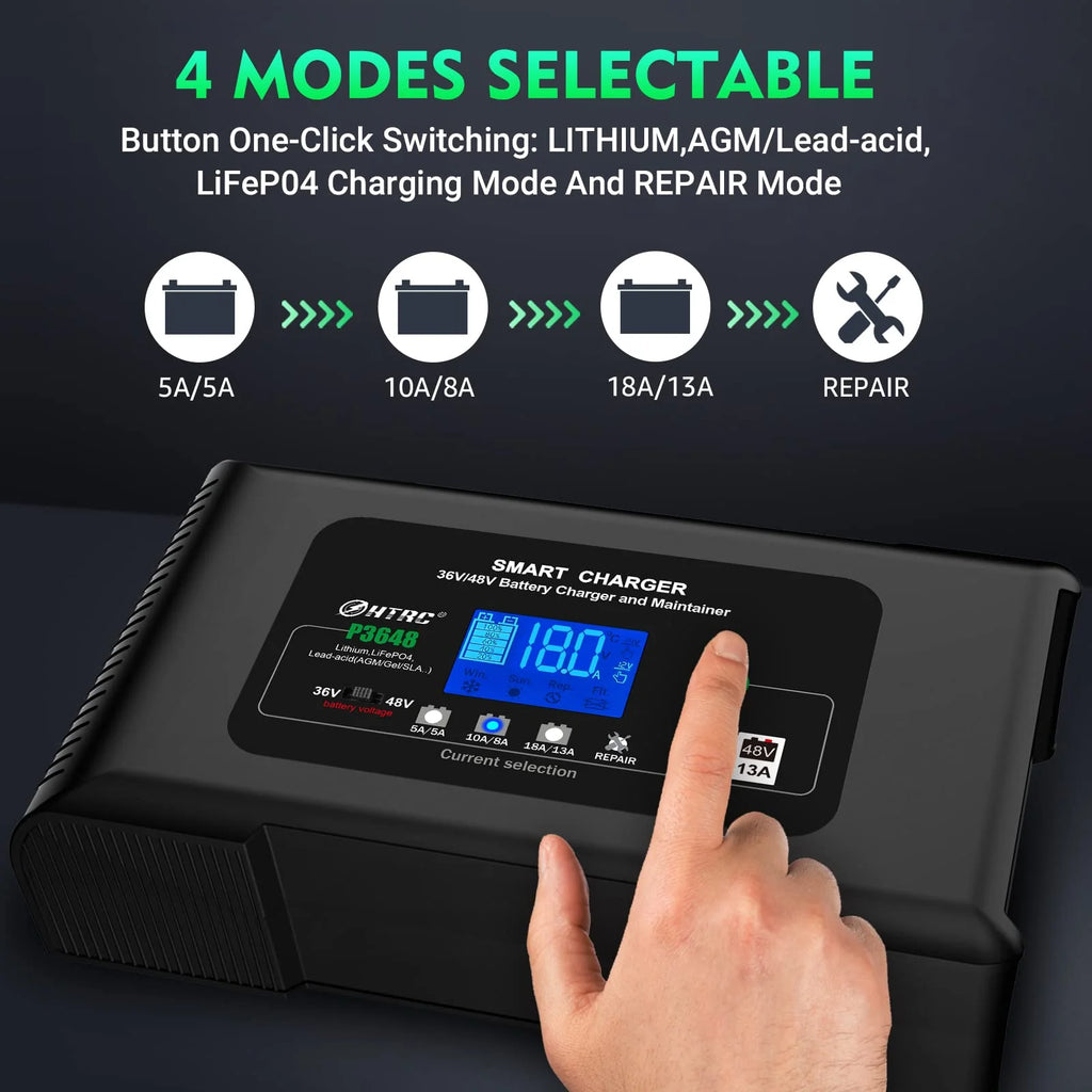 HTRC 36 Volt Golf cart Charger 18-Amp Smart Charger, Car Battery Charger,Trickle Charger,36V,18-Amp and 48V,13-Amp,Lithium,LiFePO4,Lead-Acid AGM/Gel/SLA.Battery Charger, for EZGO TXT,Car, Boat.