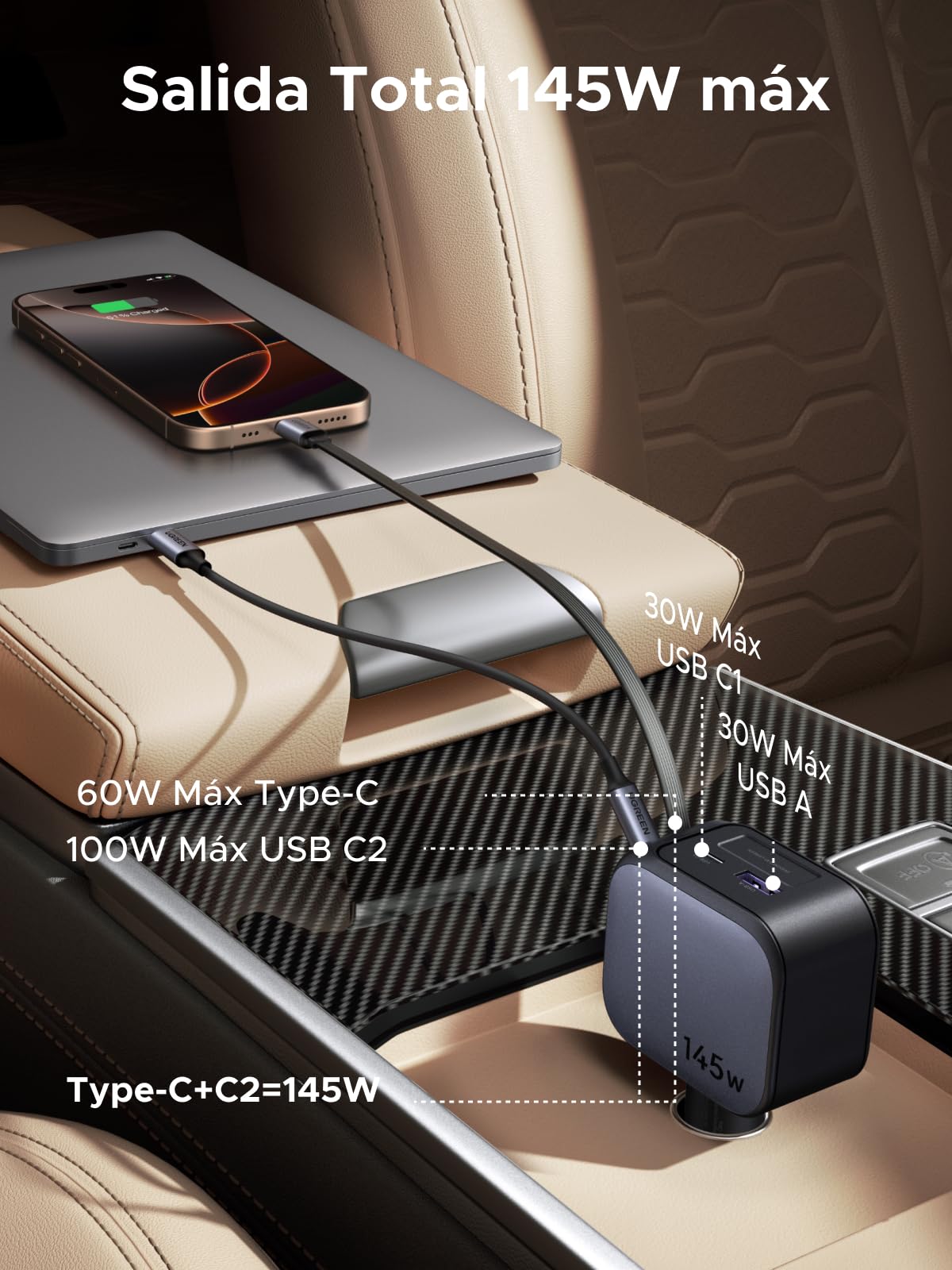 UGREEN 145W Cargador Coche Retráctil Carga Rápida 4 Puertas con Cable Retractil