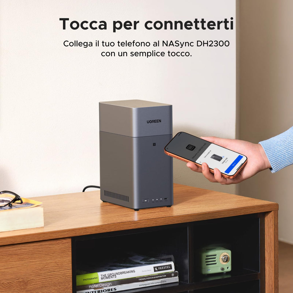 UGREEN NASync DH2300 NAS desktop a 2 alloggiamenti, LAN 1 GbE, 4 GB RAM, connessione NFC One-Touch