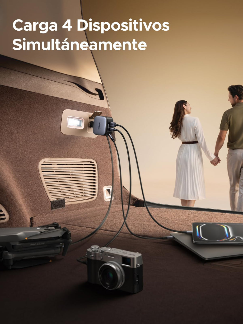 UGREEN 145W Cargador Coche Retráctil Carga Rápida 4 Puertas con Cable Retractil
