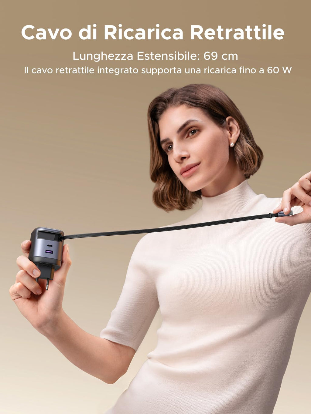 UGREEN Nexode Caricatore Retrattile USB C 65W GaN a 3 porte