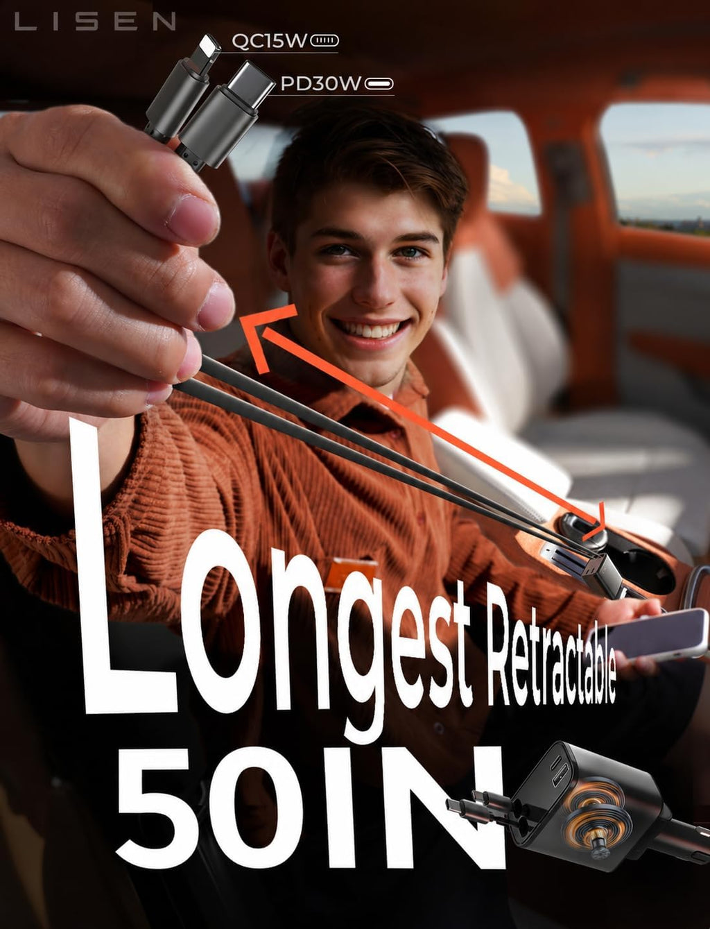 LISEN Retractable Car Charger, [2026 Upgrade 50 inch ] Long 4 in 1 Retractable Cable Car Charger