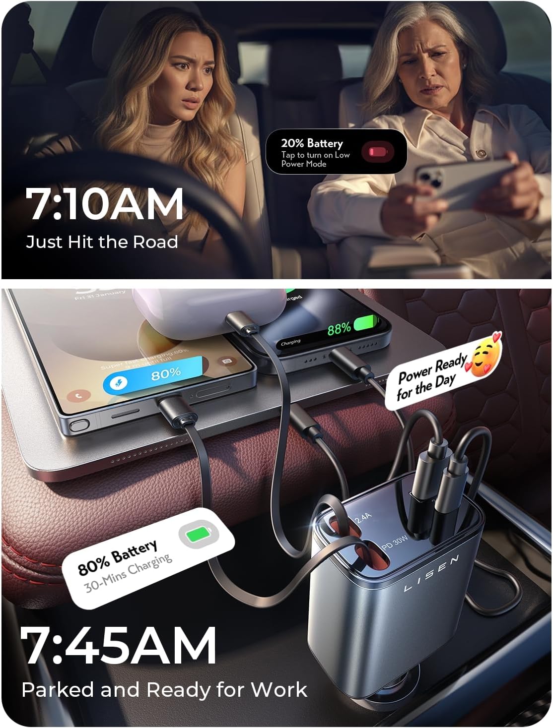 LISEN Retractable Car Charger, [2026 Upgrade 50 inch ] Long 4 in 1 Retractable Cable Car Charger
