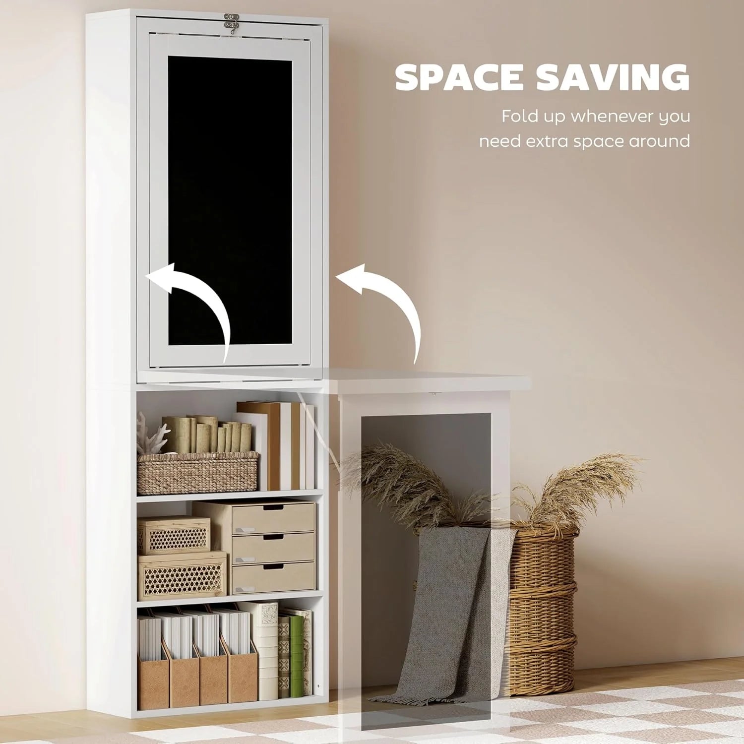 Folding convertible writing desk, wall mounted desk cabinet, multifunctional home office workstation