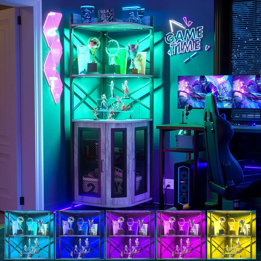 Corner bar cabinet with power socket, industrial style wine cabinet with LED light strip and glass rack, home five-layer wine cabinet bar unit, small space corner display cabinet