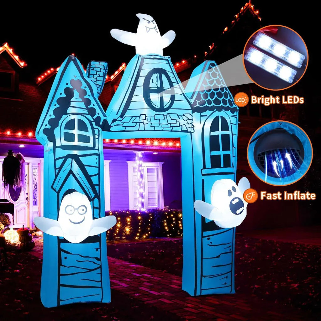11.8 FT Halloween Inflatables Archway Outdoor Decorations Blow Up Yard Ancient Castle Archway with Ghost with Built-in LEDs for Garden Lawn Indoor Party Decor