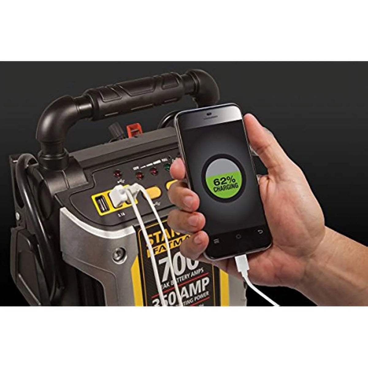STANLEY FATMAX J7CS Portable Power Station Jump Starter: 700 Peak/350 Instant Amps, 120 PSI Air Compressor, 3.1A USB Ports, Battery Clamps