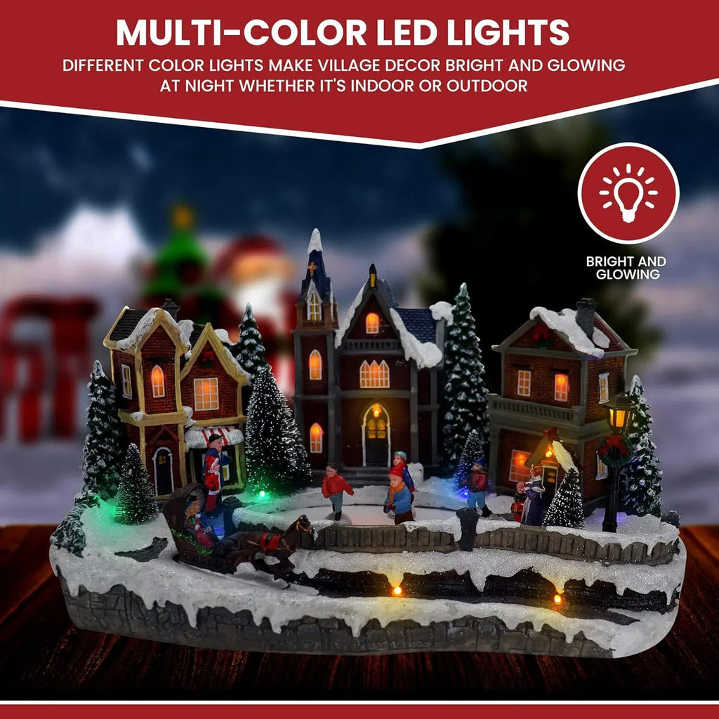 Large Animated Christmas Village Skating Town - Lighted Resin Musical Snow Scene