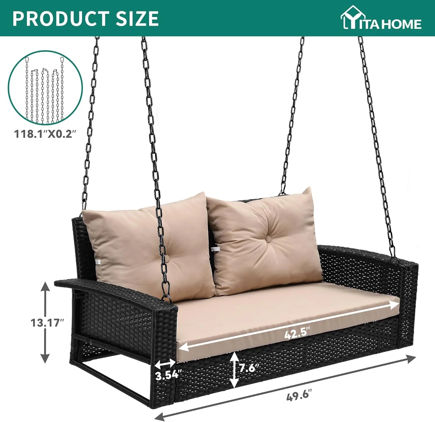 YITAHOME Hanging Porch Swing Chair Sits 3 People, Wicker Outdoor Swing Bench, Patio Lounge Chair, 1 Seating Cushion and 3 Back Cushions, w/Removable Covers, for Garden, Balcony, Backyard, Brown