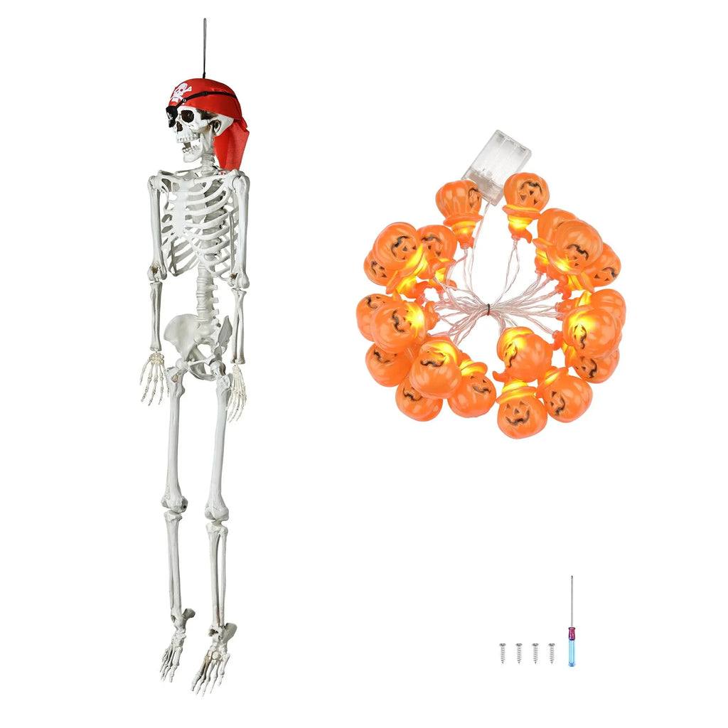 Yescom Pirate Life Size Skeleton Poseable with Halloween Lights, Full Size Skeleton Human 5.4 Ft for Party Decorations Patio Garden Haunted House Props