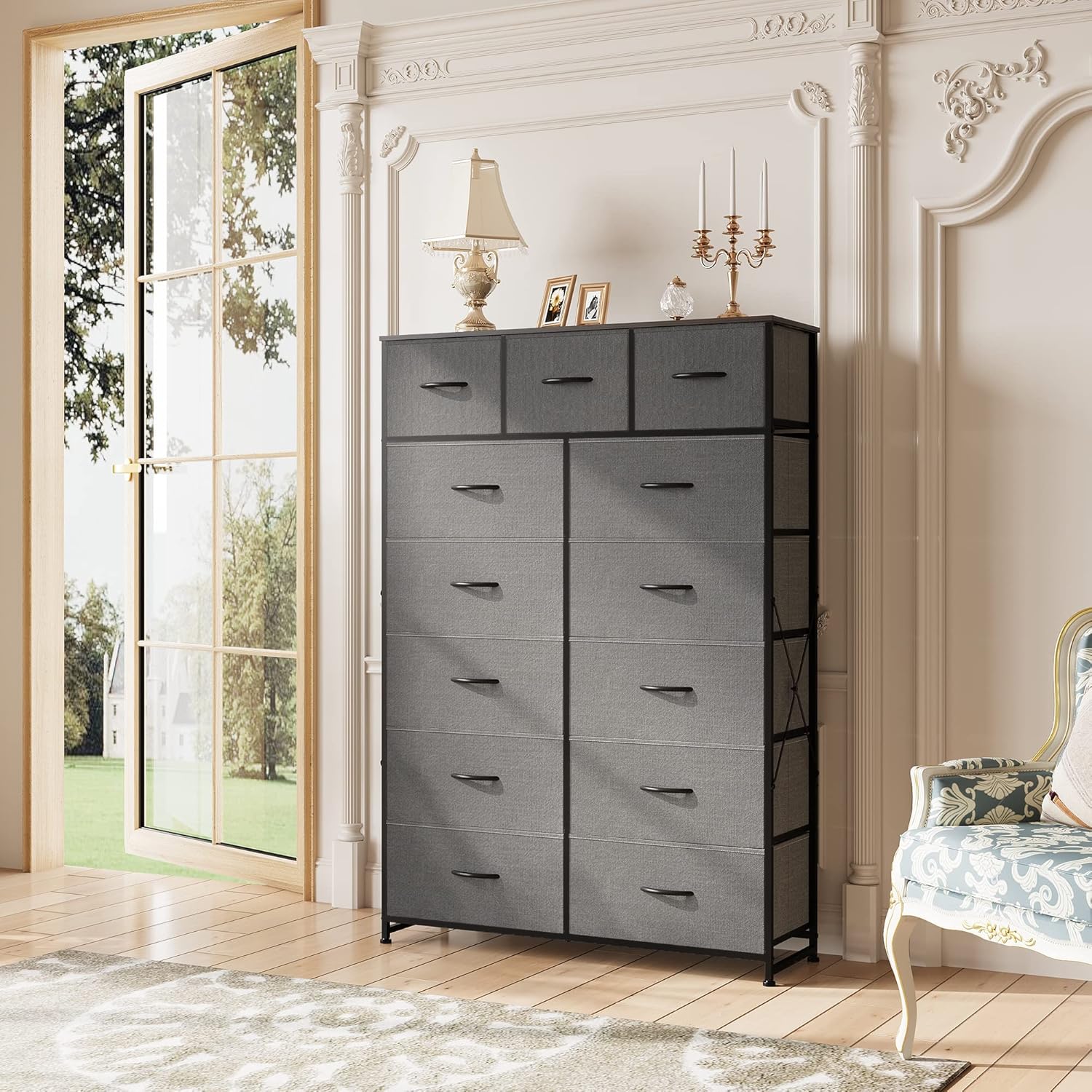 WLIVE Storage Organizer Unit with 13 Fabric Bins, Storage Drawers Organizer with Steel Frame, Tall Storage Tower Organizaton for Living Room, Hallway, Office, Charcoal Black
