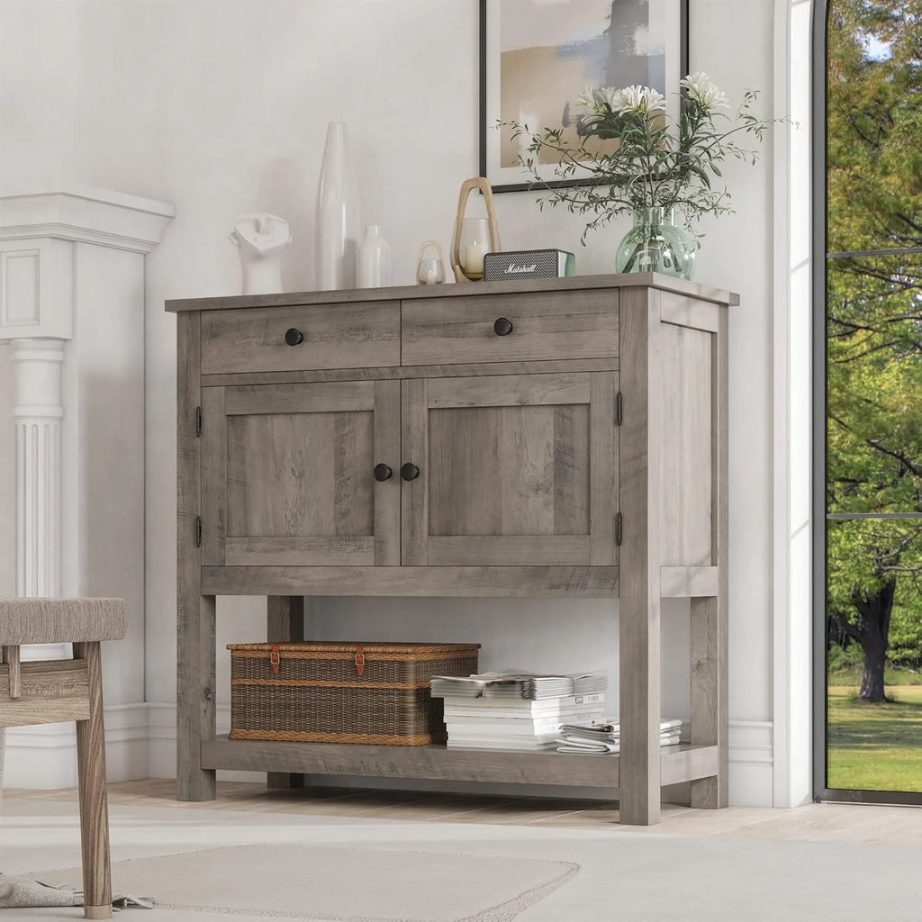 Farmhouse style console table coffee bar, entry table with storage rack, sofa table buffet sideboard