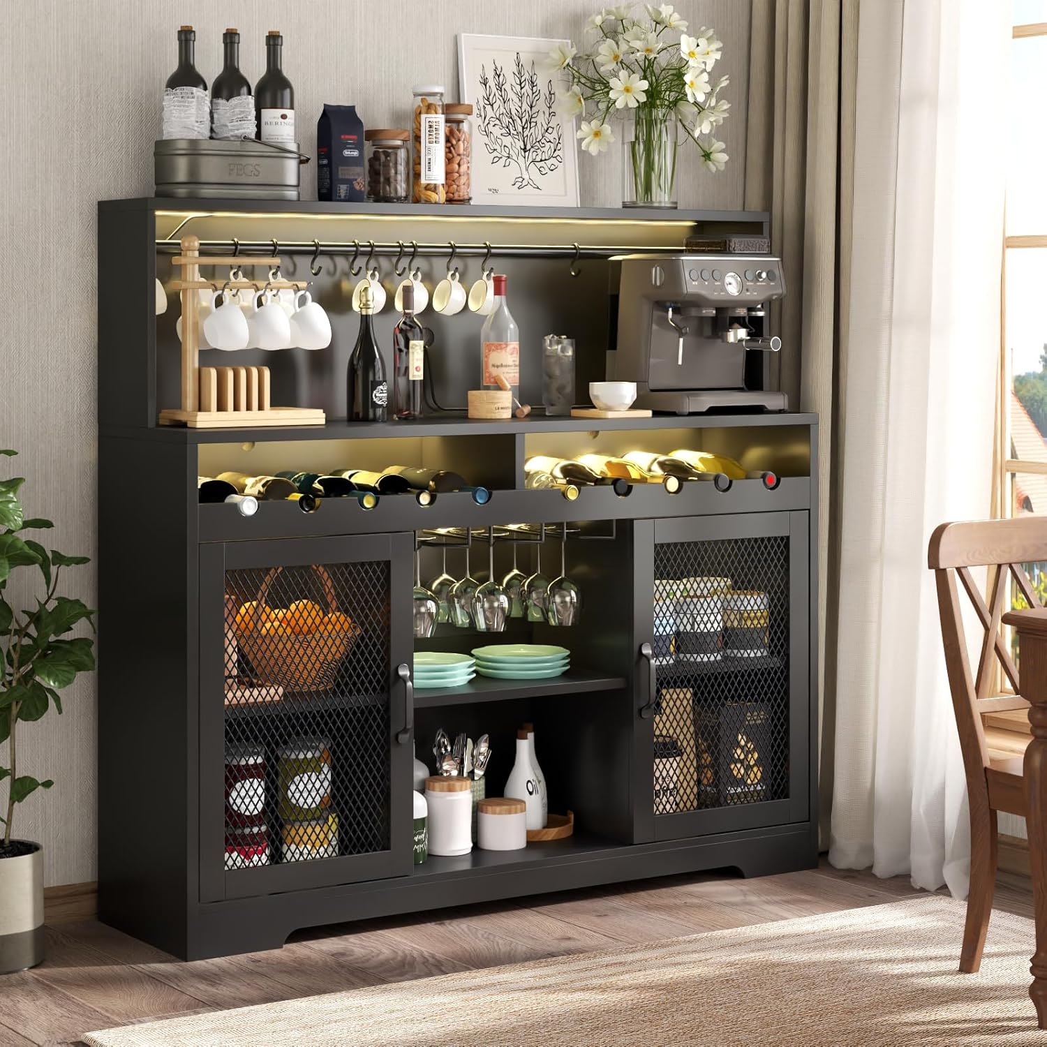 Wine Bar Cabinet with LED Light, Liquor Cabinet with Glass Holder, Coffee Bar for Liquor, Storage Buffet with Wine Racks, Wine Cabinet