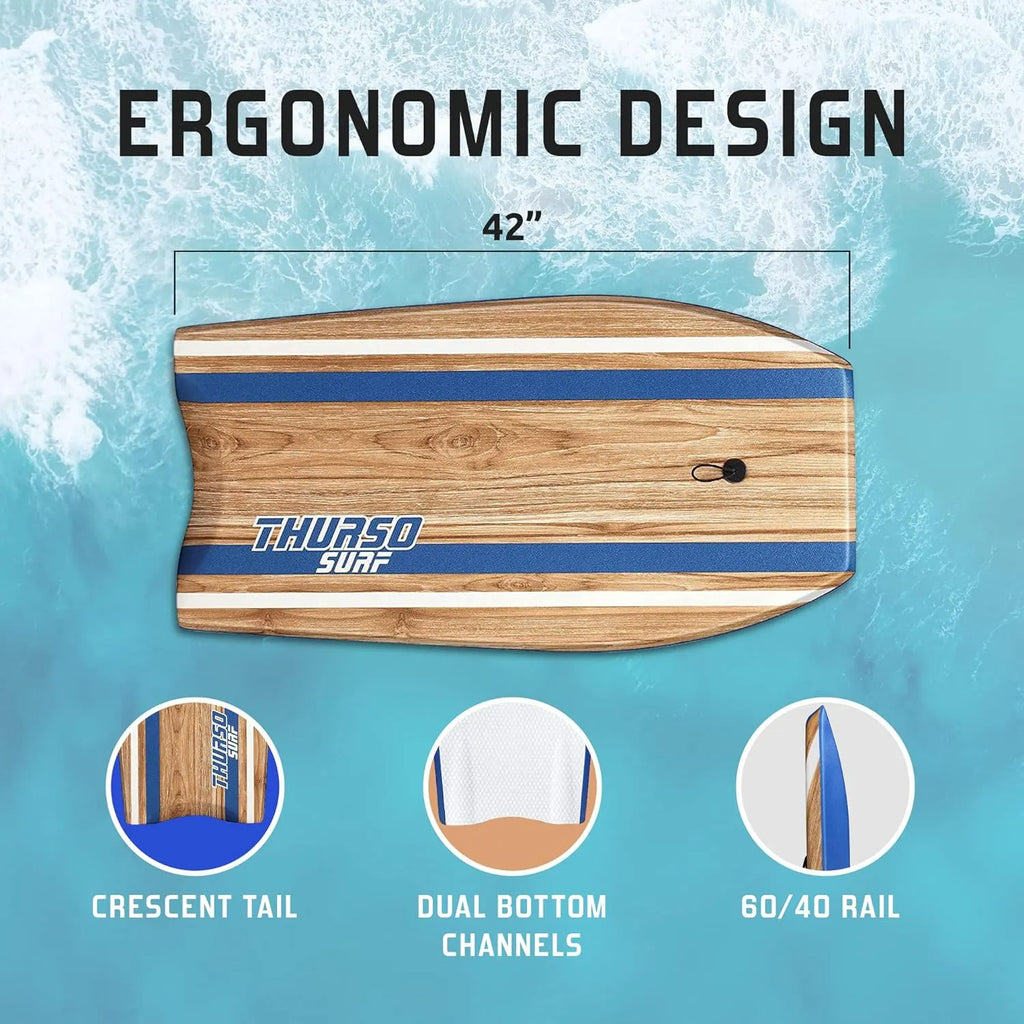 Quill 42'' Bodyboard Lightweight Durable EPS Core IXPE Deck HDPE Slick Bottom FRP Stringer Crescent Tail Dual Channel Plastic Mesh with Double Stainless Steel Swivel Coiled Wrist Leash