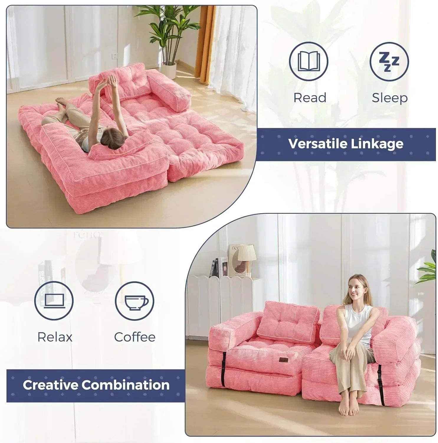 Folding Sofa Bed L-Shaped Convertible Sofa Bed with Armrests and Pillows