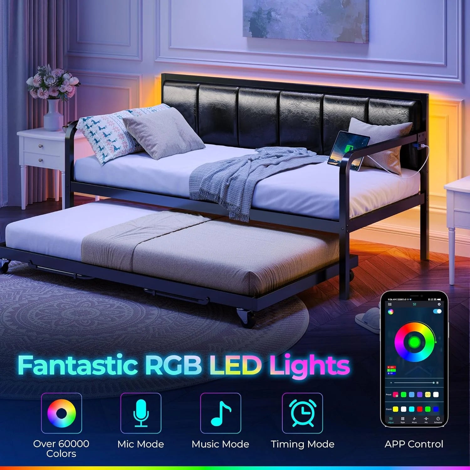 Rolanstar Daybed with Charging Station and LED Lights, Height Adjustable Twin Daybed with Trundle, Metal Sofa Bed Frame with Steel Slat Support