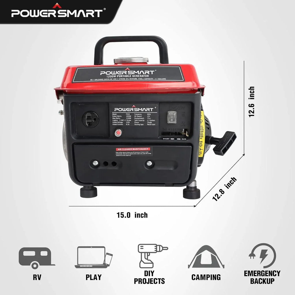 PowerSmart Generator, 1200 Watts Outdoor generator Low Noise, Gas Powered Portable Generator, PS50A