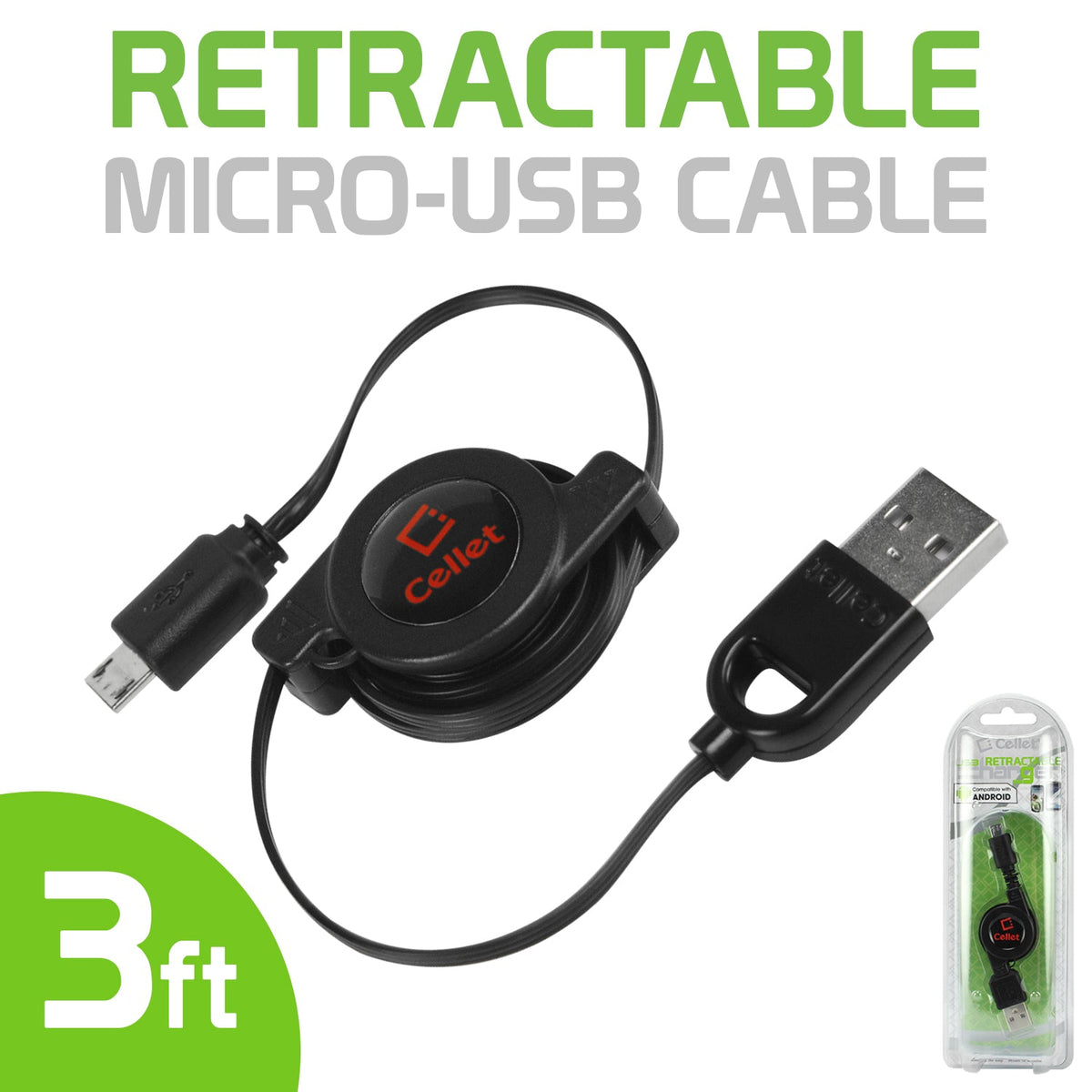 DAMICROR - Micro USB Cable, Cellet Micro USB Retractable Charger and Data Cable (USB)