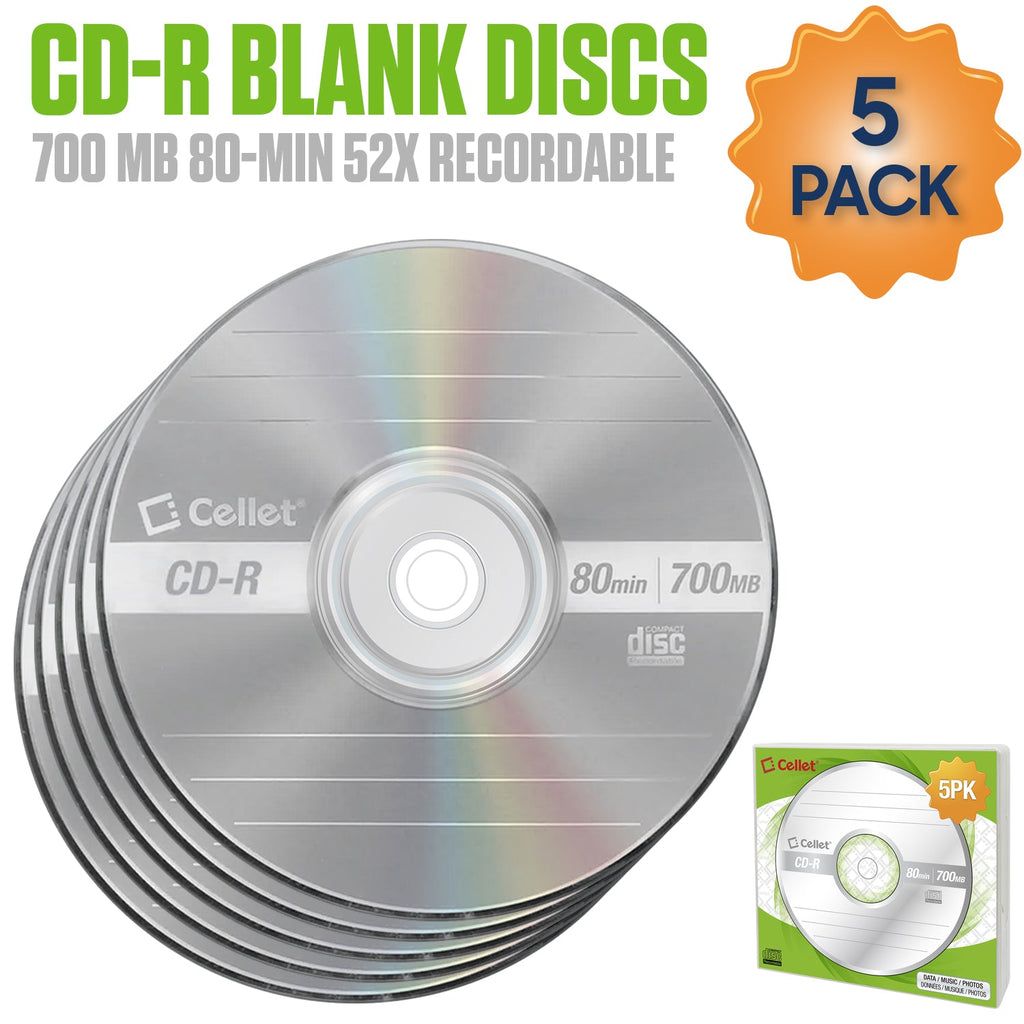 WCD5 - Cellet CD-R 5-Pack – 700MB 80-Minute Blank Discs, 52X Speed for Data, Music, and Photo Recording