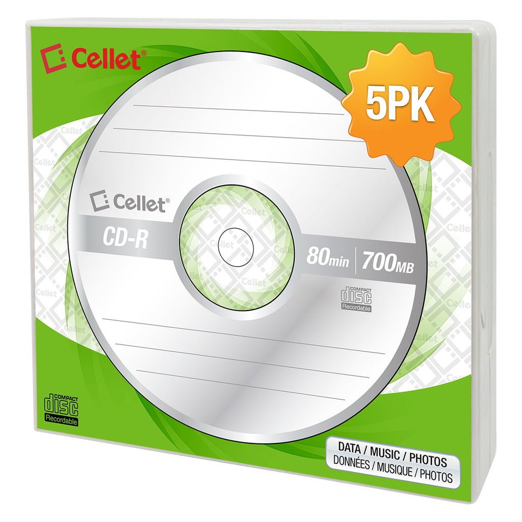 WCD5 - Cellet CD-R 5-Pack – 700MB 80-Minute Blank Discs, 52X Speed for Data, Music, and Photo Recording