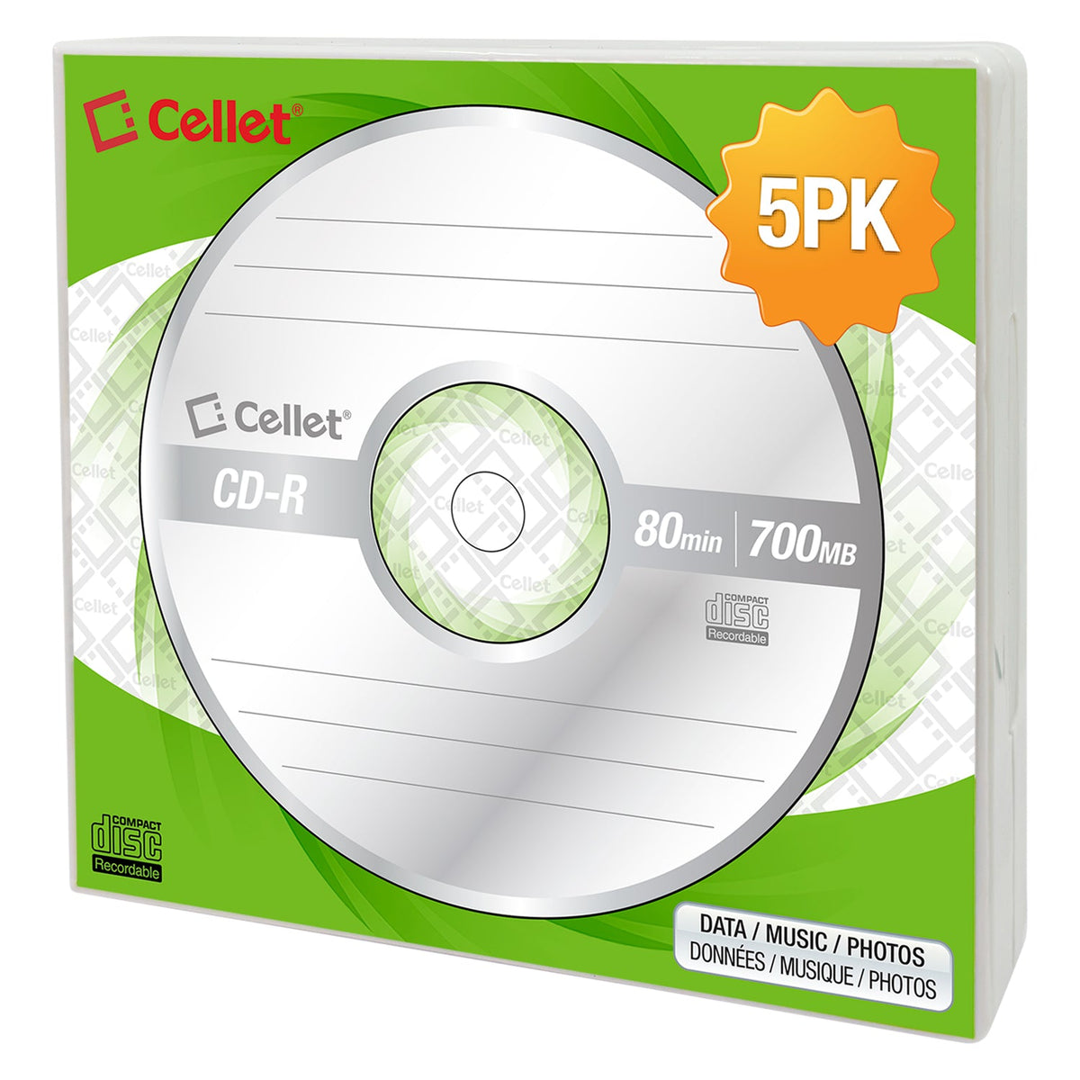 WCD5 - Cellet CD-R 5-Pack – 700MB 80-Minute Blank Discs, 52X Speed for Data, Music, and Photo Recording