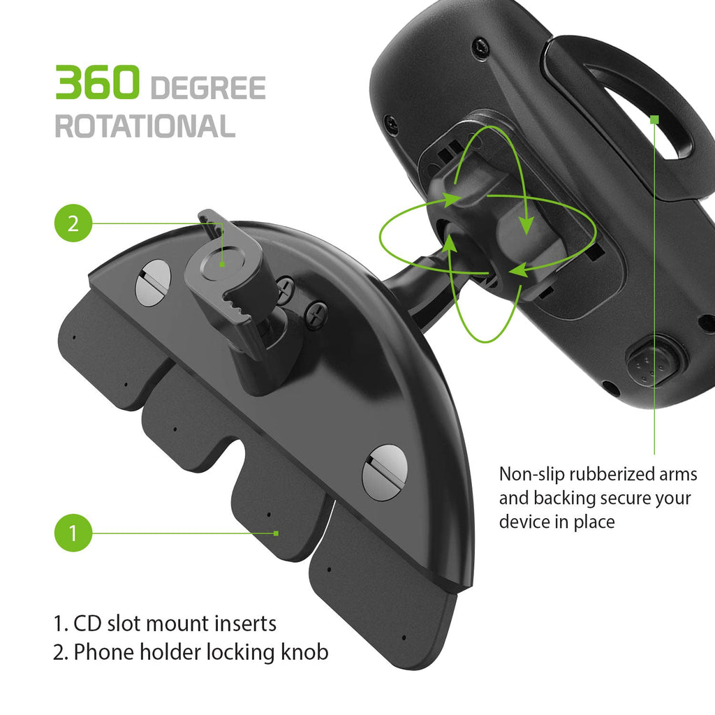 PHCN200CD - Cellet Universal CD Slot Car Phone Mount – 360° Rotating Holder with One-Touch Release, Anti-Slip Rubber Grip, Fits Smartphones Up to 3.5” Wide – Secure CD Base, Hands-Free GPS & Calling
