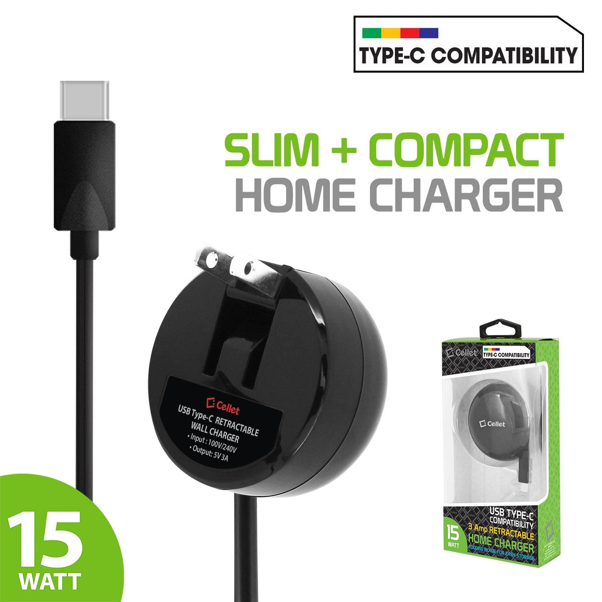 TCUSBCR30ZTE - Cellet USB-C Powerful Fast Charging Wall Charger Compact Retractable (3A/15W) for ZTE Axon 7, Axon 7 Mini, Axon M, Blade Max 3/ Max Blue, Blade Spark, Blade V8 Pro, Blade X, Blade X Max