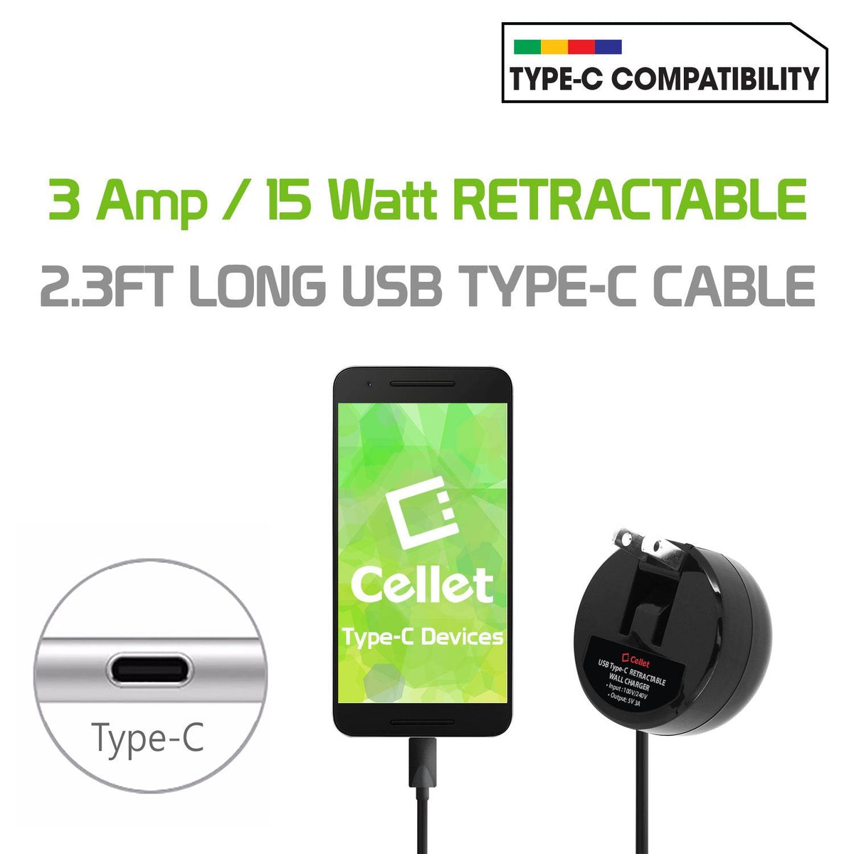 TCUSBCR30ZTE - Cellet USB-C Powerful Fast Charging Wall Charger Compact Retractable (3A/15W) for ZTE Axon 7, Axon 7 Mini, Axon M, Blade Max 3/ Max Blue, Blade Spark, Blade V8 Pro, Blade X, Blade X Max