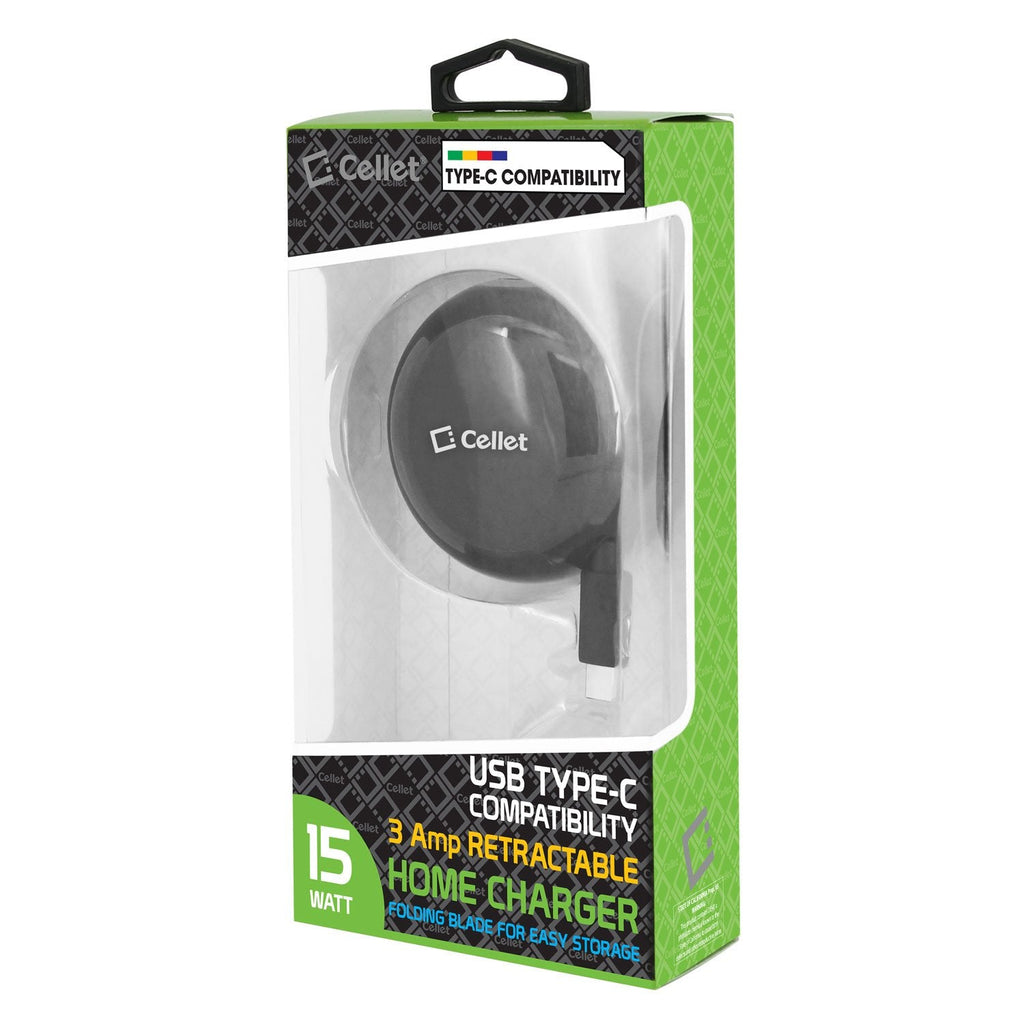 TCUSBCR30ZTE - Cellet USB-C Powerful Fast Charging Wall Charger Compact Retractable (3A/15W) for ZTE Axon 7, Axon 7 Mini, Axon M, Blade Max 3/ Max Blue, Blade Spark, Blade V8 Pro, Blade X, Blade X Max