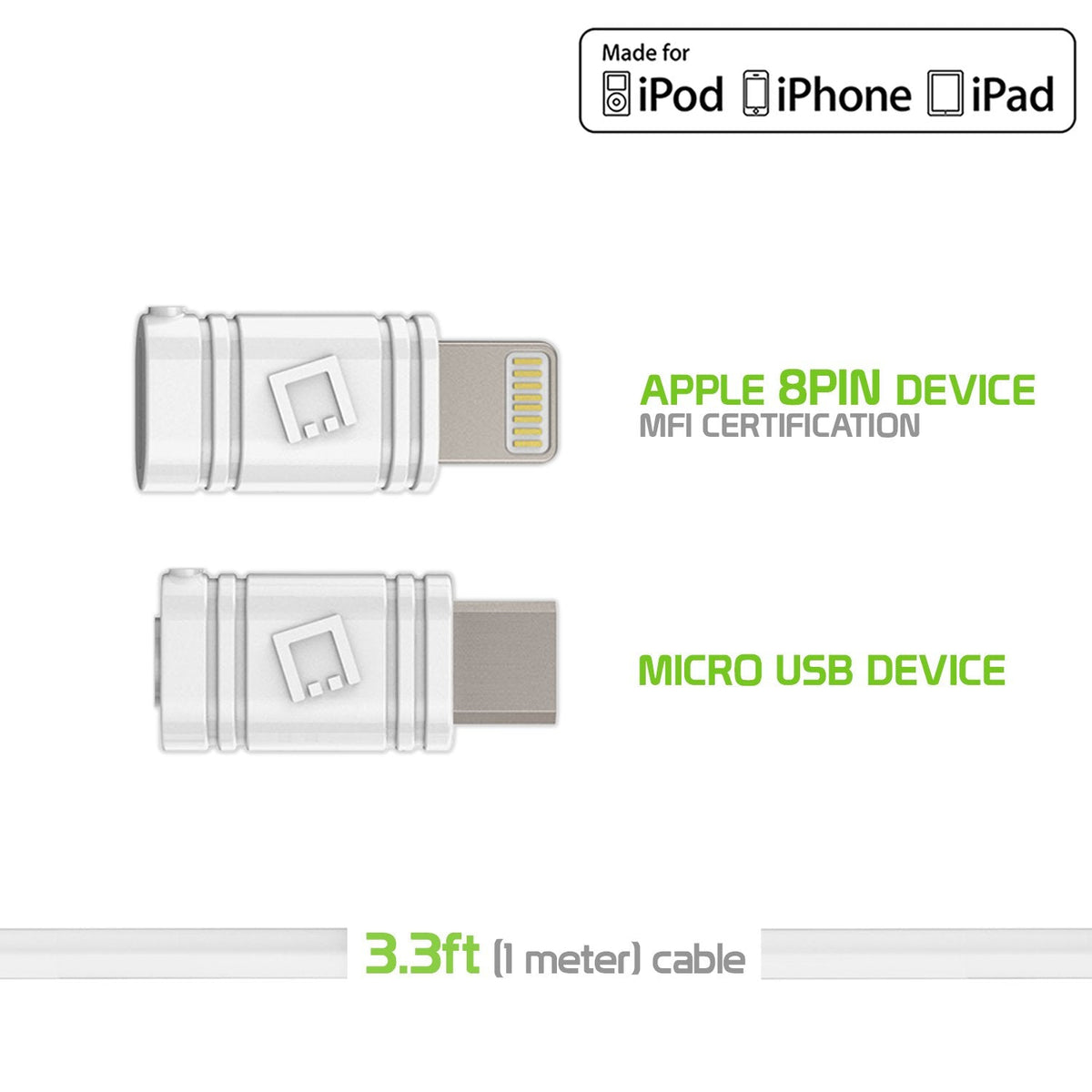 DAAPP5TKWT - Cellet 2-in-1 Charging & Data Sync Cable – 3.3FT Micro USB & Apple Lightning Connector – MFi Certified for iPhone, iPad, iPod & Android Devices