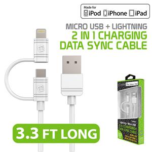 DAAPP5TKWT - Cellet 2-in-1 Charging & Data Sync Cable – 3.3FT Micro USB & Apple Lightning Connector – MFi Certified for iPhone, iPad, iPod & Android Devices